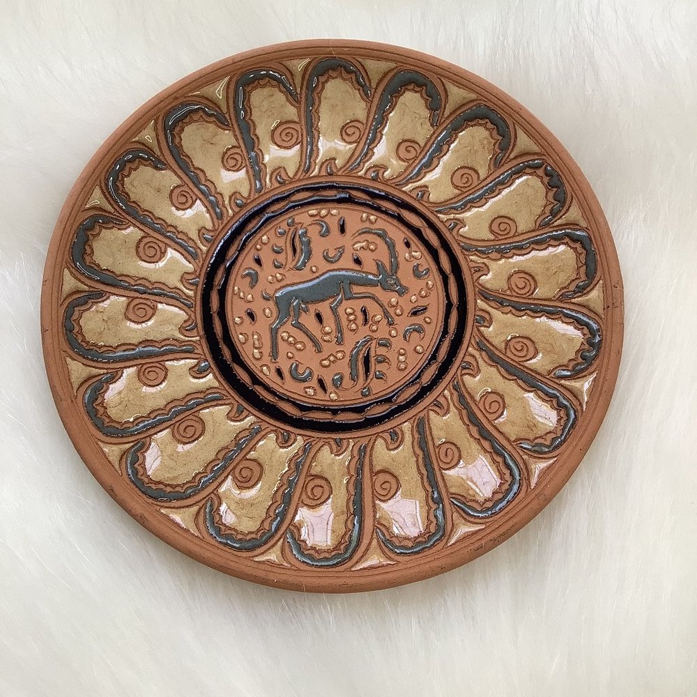Bonis pottery stag rhodes greece terracotta handmade handpainted plate/dish